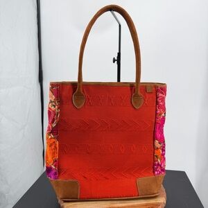 Fresco Fabric Handmade Tote Bag Orange floral embroidered leather handles
